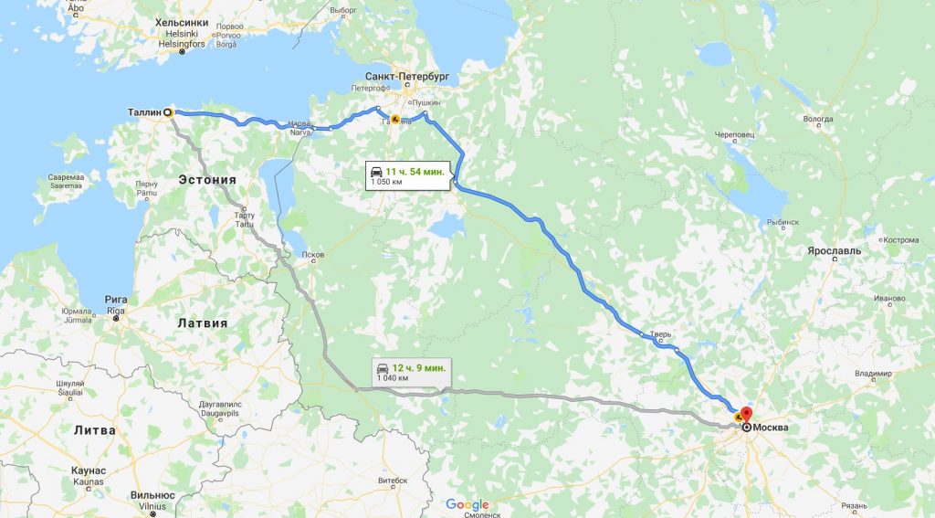 Карта маршрута до Таллина на автомобиле